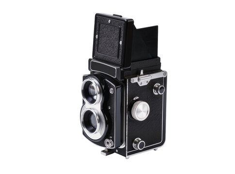 Classic black vintage twin-lens reflex camera, a retro photography equipment piece isolated on transparent background, ready for design use PNG