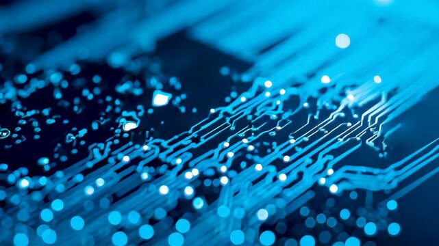 Glowing fiber optic strands with sparkling light particles and flowing data patterns in vibrant blue technology network scene