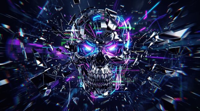 Abstract Digital Skull Artwork with Glowing Eyes and Shattered Glass.