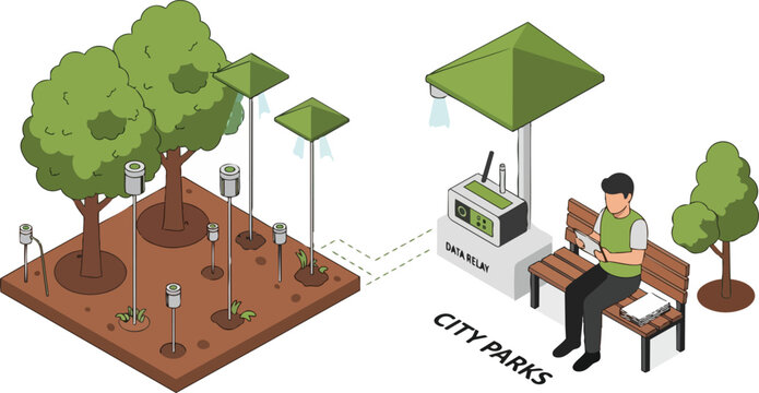 Smart City Park with IoT Soil Sensors and Data Relay System Isometric Illustration