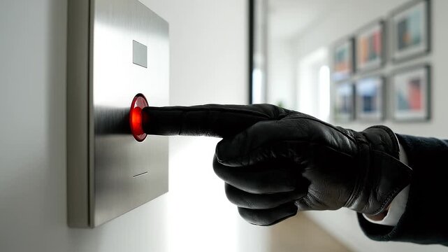 Gloved hand pressing red alarm button.