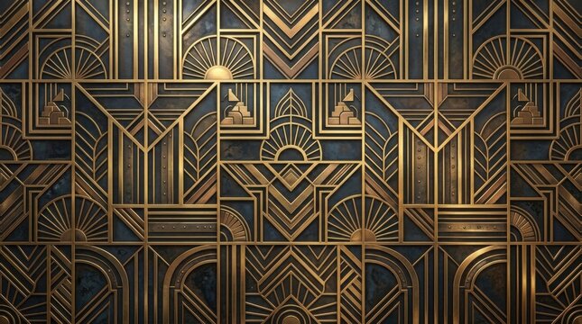 Art Deco Geometric Pattern with Golden Lines and Dark Background.