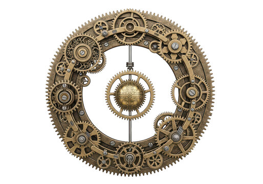 Complex antique clockwork mechanism featuring an ornate central sphere surrounded by metal gears