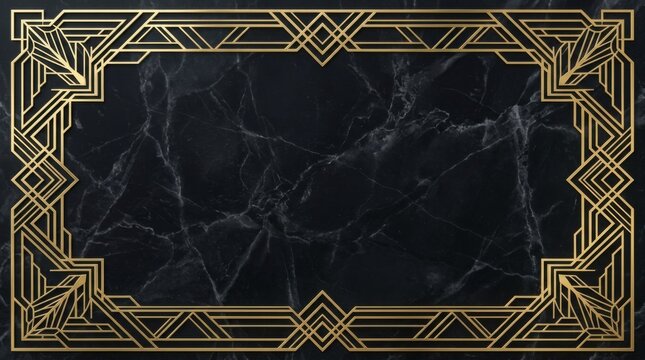 Art Deco Golden Frame on Black Marble Background.