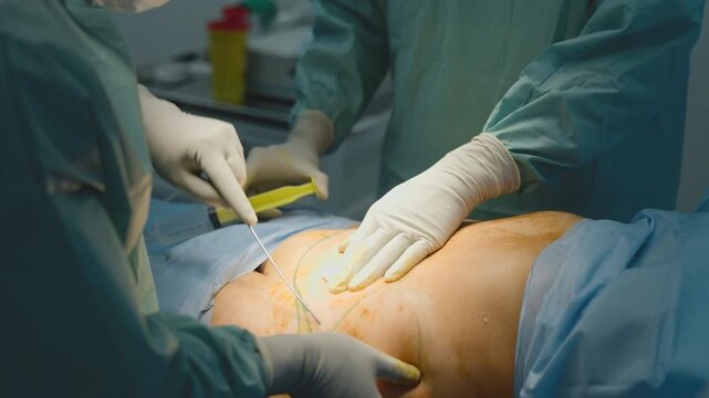 Close up two unrecognizable doctors men surgeons doing delicate belly surgery operation abdominal liposuction physicians males working in medicine emergency health work stomach treatment at hospital