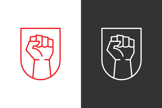Fist symbol in a shield outline showing strength and determination in a clean linear design