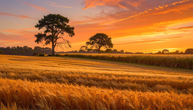 Golden sunset over wheat field with trees and dramatic sky