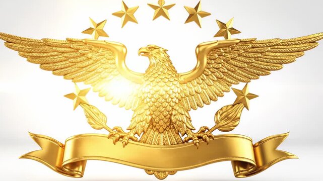 Smooth animation of a golden American eagle emblem assembling from stars, wings, and ribbon. Centered composition on a clean background, ideal for patriotic themes and seamless loop use.