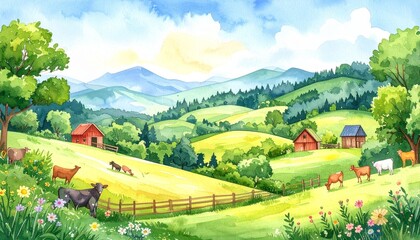 Fototapeta premium Aquarell-Landschaft mit Bauernhof, Tieren und grünen Hügeln – Panorama Naturillustration
