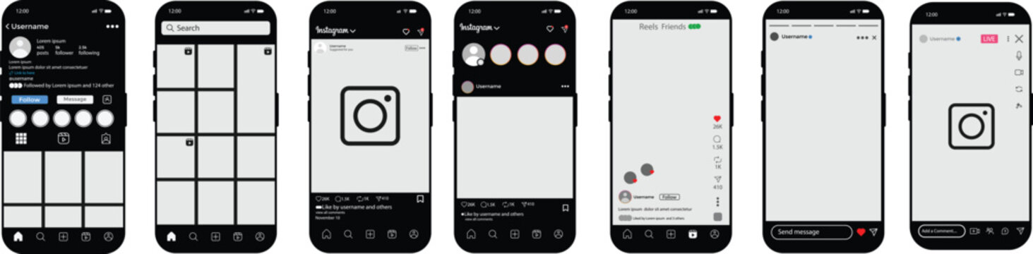 
Instagram 2026 Mobile App UI Mockup Showing Post Reels search Story Live Stream mockup updated. instagram new grid size template update. Instagram new update template with smartphone

