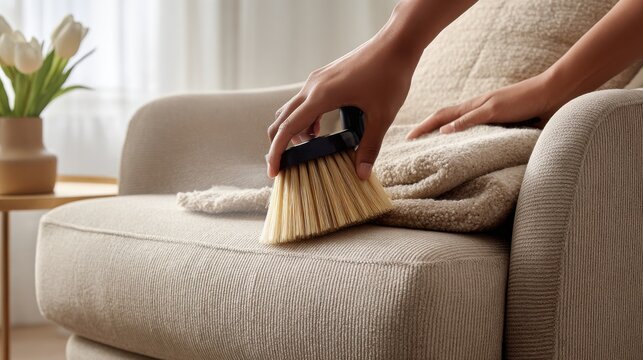 Close-up of hands cleaning a beige sofa with a brush and spray. A person is meticulously cleaning a textured beige sofa using a brush and spray, ensuring a spotless home environment