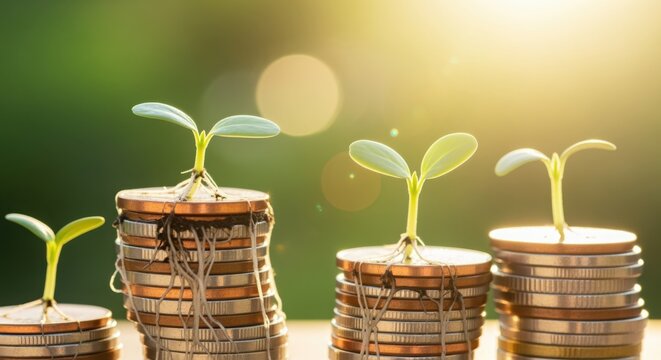 Small green seedlings growing from stacks of coins symbolizing financial growth and investment in nature and sustainability.