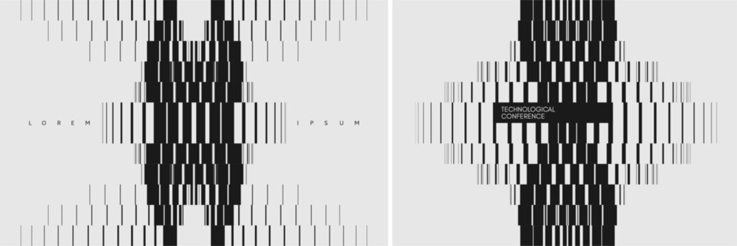 An abstract mechanical part in rotation. Futuristic concept. Engineering cover. Industrial style. Image of multiple lines and rectangles of varying thickness with a transition effect. Vector.