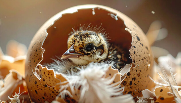 Close up of chick hatching from eggshell in soft focus natural light
