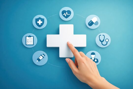 Healthcare services interface with medical icons and digital health system interaction concept