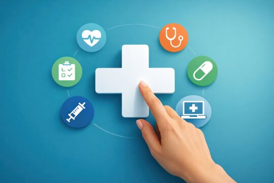 Healthcare services interface with medical icons and digital health system interaction concept