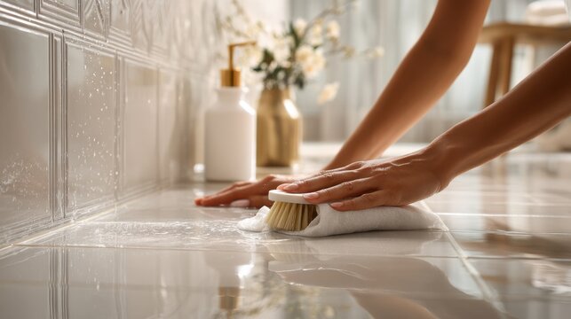 Woman's hands cleaning a tiled surface with a brush and cloth. A woman meticulously scrubs a shiny tiled countertop with a brush and cloth, ensuring a spotless finish
