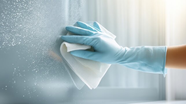 Hand wearing blue glove wipes a wet window with a microfiber cloth for cleaning. A person's hand, protected by a blue rubber glove, meticulously cleans a window surface using a white microfiber cloth