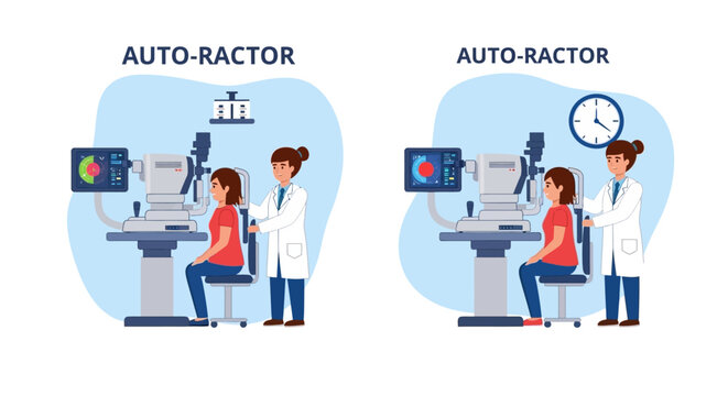 Optometrist examining patient with auto refractor eye test equipment.