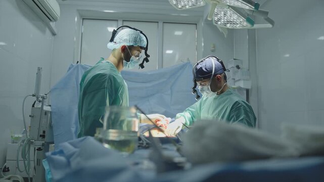 Team two medical doctors physicians surgeons males men operating gynecology gastric cardiology neurosurgery emergency ambulance help cooperate surgery teamwork workers operate health medicine job