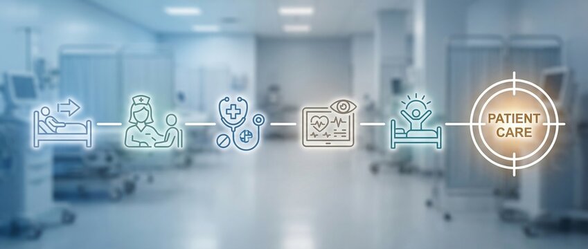 Patient Care, Healthcare, Medical Infographic, Hospital, Nursing, Patient Journey, Recovery showing clinical workflow and medical monitoring in a modern hospital ward banner.