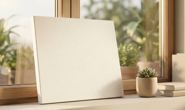 Minimalist interior scene with a blank white artist canvas propped on a wooden window sill in warm afternoon sunlight, featuring blurred green plants and unbranded books, designed as a template for de