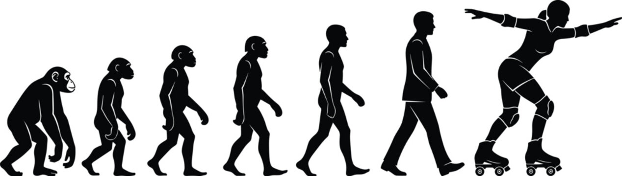 Human evolution silhouettes, primate to modern figure, roller skating lifestyle, protective gear, recreational activity, humorous concept, vector illustration composition