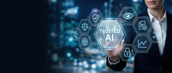 Fototapeta premium Trusted AI, artificial intelligence, ethical AI, data security, digital governance, business compliance, technology innovation concept with a businesswoman and futuristic interface.