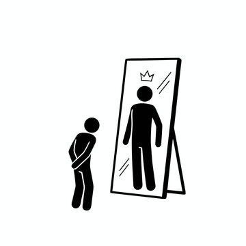 Minimalist stick figure character looking in the mirror and seeing a reflection of themselves wearing a crown as a symbol of confidence.