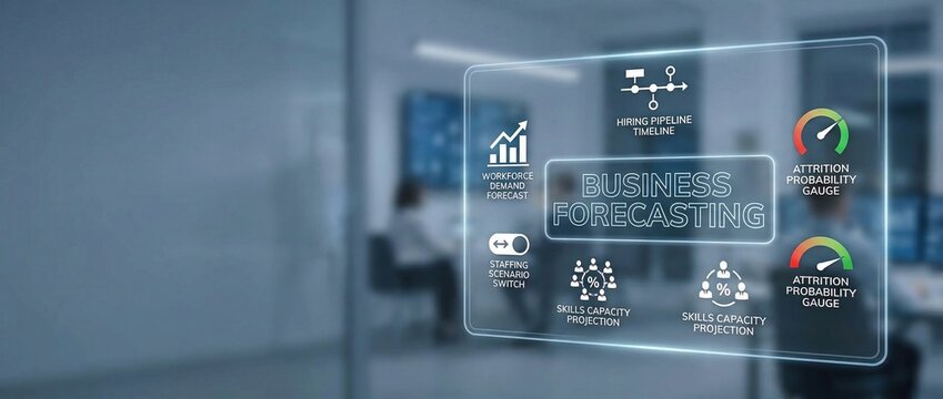 Business forecasting, HR analytics, workforce planning, hiring pipeline, staffing scenarios, skills projection, attrition probability dashboard interface showing HR data analytics.