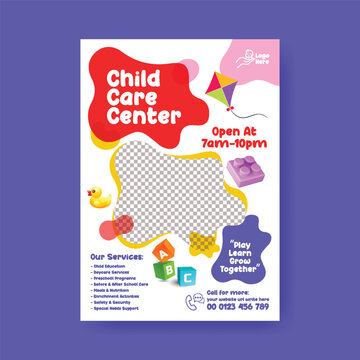 Summer Camp Kids Care Childcare A4 Flyer Editable Template for Daycare Preschool Babysitting Nanny Services Poster Design Modern Clean Minimal Colorful Vector Marketing Promotion Printable Layout