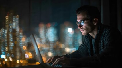 Obraz premium A focused man wearing glasses works on a laptop at night with a blurred city skyline in the background.