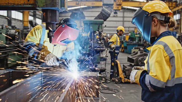 Welder at work in factory. (3)