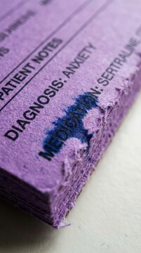 Close-Up View of Frayed Medical Prescription Note for Anxiety Medication in Purple Color