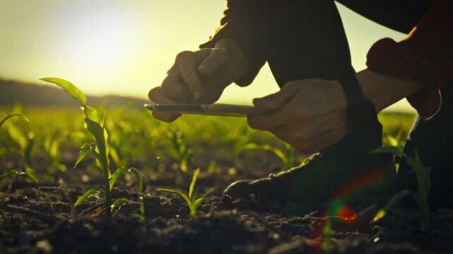 In a lush corn field, a farmer meticulously inspects young corn sprouts, documenting observations on an electronic tablet, exemplifying the synergy of modern agriculture and sustainability