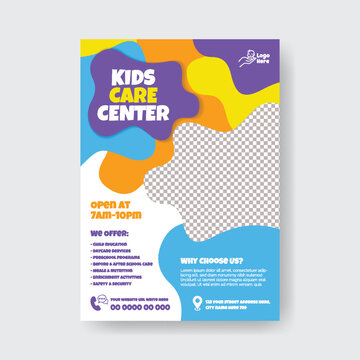 Preschool Childcare Daycare A4 Flyer Editable Template for Kids Care Babysitting Nanny Services Summer Camp Poster Design Modern Clean Minimal Colorful Vector Marketing Promotion Printable Layout