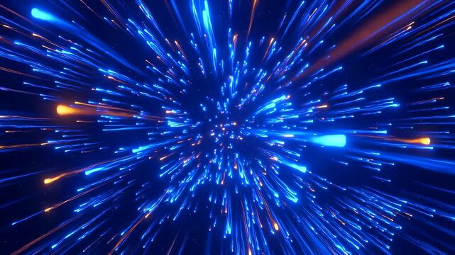 Dynamic blue and orange light particles radiating outward in a burst effect. Represents energy, motion, and digital innovation in visual storytelling