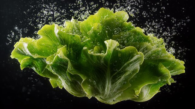 fresh lettuce leaf floating with water droplets minimalist food ingredient