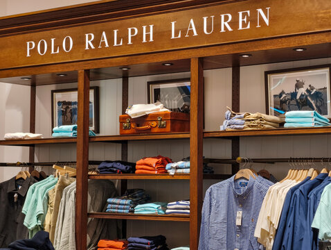 Prague, Czech Republic - March 31, 2026: Polo Ralph Lauren luxury retail display with iconic wooden signage, equestrian decor and premium apparel.