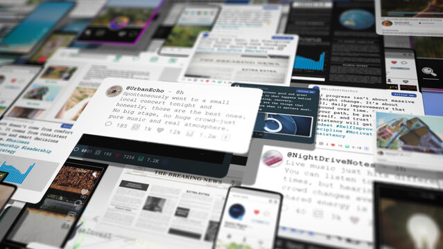 Layered composition of social media posts, notifications, and digital interfaces illustrating modern information overload, constant connectivity, and fragmented online attention.