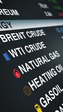Vertical shot of financial display showing commodity prices and energy market data, emphasizing global trading trends and real-time economic indicators.