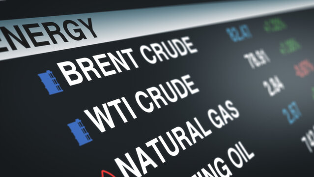 Detailed view of commodity and energy market board displaying Brent crude, WTI crude, and natural gas prices, highlighting global trading activity and financial fluctuations.