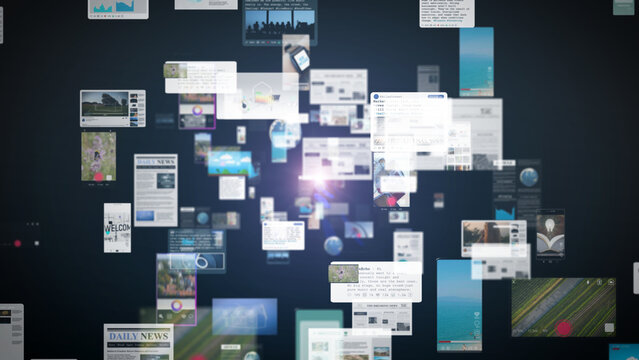 Floating digital cards and interfaces in a dark space symbolize continuous data flow, social media streams, and the overwhelming volume of online information.