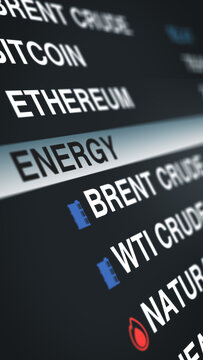 Close-up interface highlighting energy sector prices with commodities and crypto listings, showcasing market fluctuations, financial data, and trading indicators on a modern digital display.