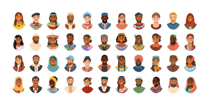 Big set of people avatars wearing traditional clothing isolated on white. Concept of equality, cultural diversity, friendship, inclusion. Vector flat cliparts.