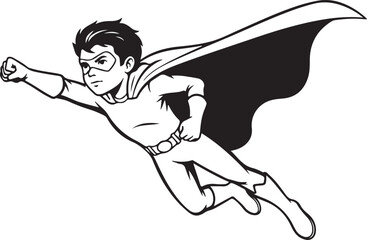Fototapeta premium Flying Superhero Boy Cartoon Illustration in Black and White. 