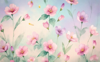 Fototapeta premium Pink flowers bloom softly against a dreamy pastel sky backdrop.