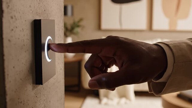 Hand pressing smart home button technology.