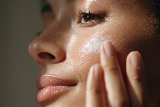  Close-up de uma jovem mulher brasileira aplicando creme hidratante no rosto, pele com sardas iluminada pelo sol, conceito de skincare e beleza natural