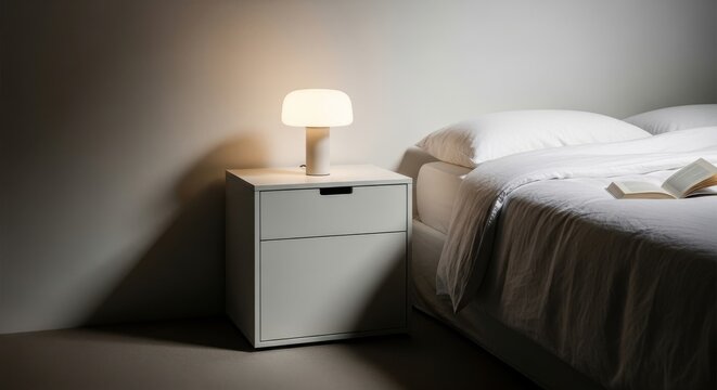 Minimalist bedside table with single drawer and glowing lamp next to a neatly made bed in a serene bedroom setting